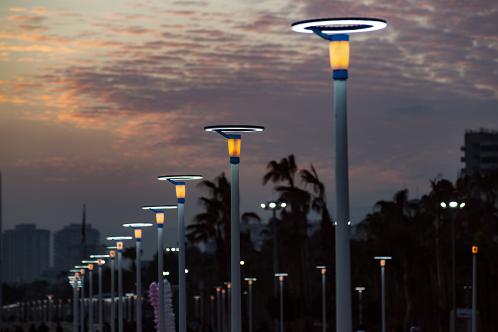 A line of LED parking lot lights